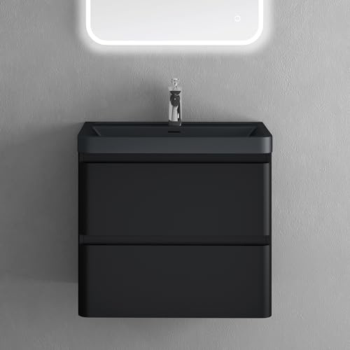 doporro Badmöbel Set Unterschrank mit Waschbecken Matt schwarz 60x42x55cm | Wandhängendes Badmöbel-Set mit Mineralguss-Waschbecken, LED-Spiegel – elegant & pflegeleicht für moderne Bäder Lucca
