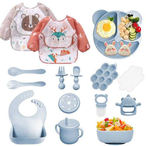 Bizcasa Vajilla Bebe Silicona, 14 Piezas Vajilla de Silicona para Bebés Antideslizante, Cubiertos Bebe para comer destete, Sin BPA, Con Baberos de manga larga Taza Plato Cuenco (Azul)