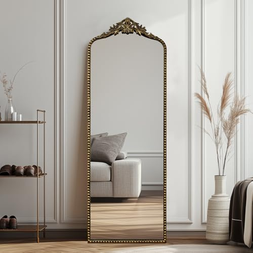 G-LEAF Barock Ganzkörperspiegel Schwarz Gold 56x165 cm, Antik Standspiegel mit Perlenrand & Geschnitzter Krone, Großer Bogenspiegel mit Verstellbarem Ständer, Wandspiegel für Flur