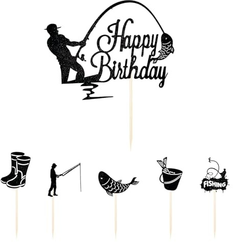6 Stück Angler Cake Topper, Fische Angeln Deko, Angler Zubehör für Kuchen DIY Deko Jungen Mann Geburtstagsparty Happy Birthday Tortendeko Fische Geburtstag party Geburtstags