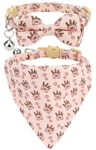 Gyapet Katzenhalsband-Set mit Fliege, Bandana, Glöckchen, abnehmbar, rosa, niedliches Herzmuster, Sicherheit für Kätzchen, Katzen, kleine Haustiere [Schleife + Bandana], Liebesbrief