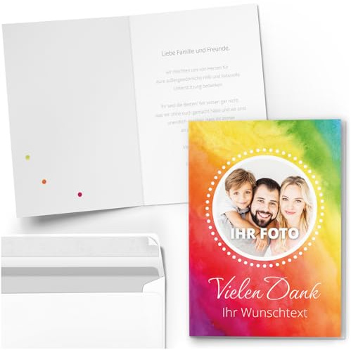 10 Dankeskarten Klappkarten Set A6 - personalisierte Danksagungskarten Danke Hochzeit Geburtstag Taufe Konfirmation Kommunion Jugendweihe Umschlag Vielen Dank Bunter Regenbogen