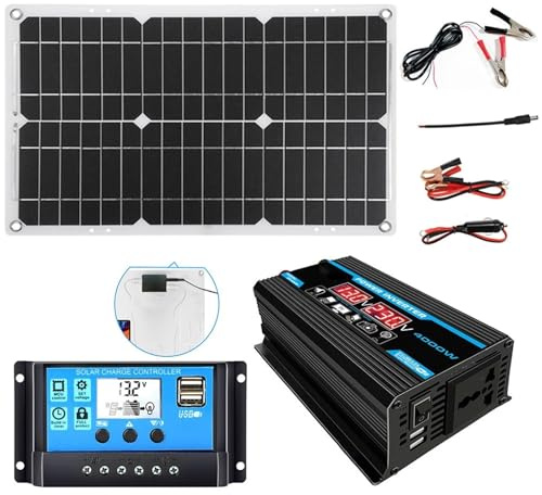 Kit Générateur Solaire Complet 4000W Onduleur 12V Vers 110V/220V Avec Contrôleur 30A Et Panneau Solaire 18W Pour La Maison De Secours, Le Camping-car, Le Système D'alimentation Hors-réseau(Black,12V-2