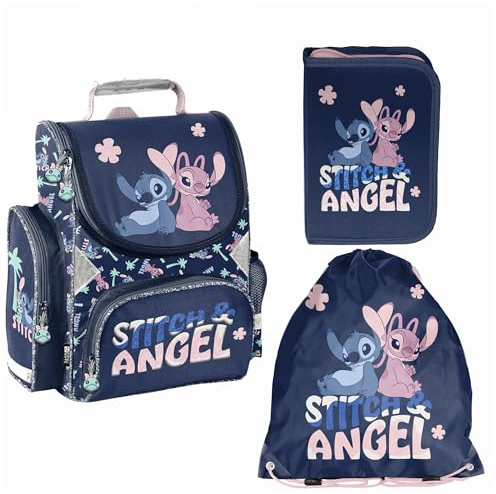 PASO- Schulranzen für Jungen und Mädchen, 3er-Set - Schul-Rucksack für Kinder mit Federmäppchen - Schuhbeutel - Stitch Motiv- 1-3 Klasse