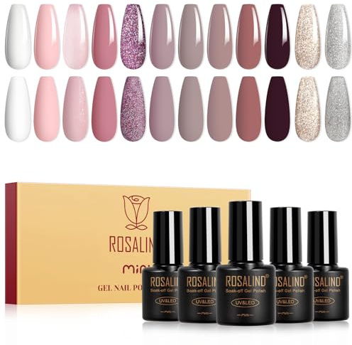 ROSALIND UV-nagellack, 12 färger, vit, ljusrosa, brun, svart, lila och silver, glittergel, nagellacksset, soak-off, mini-UV-färggel, gelnaglar för nageldesign, gel, nagelpolish, manikyr, present