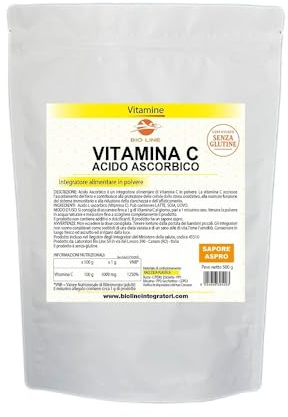 Acido Ascorbico Puro 500gr, Vitamina C in Polvere ad Azione Antiossidante, Sostanza Pura Senza Eccipienti (1 Busta da 500 gr) Laboratori Bioline - Qualità Italiana