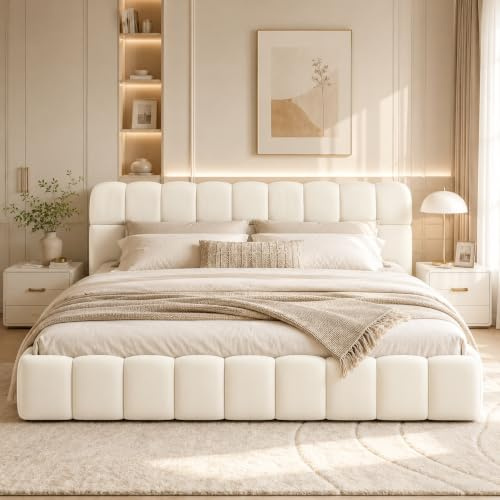 Bubble Lit double rembourré, 160 x 200 cm, avec sommier à lattes et dossier doux, lit d'appoint, pour chambre à coucher et chambre d'amis (sans matelas), beige, 160 x 200 cm
