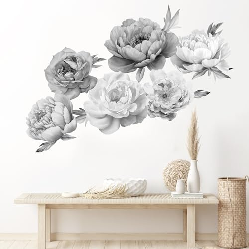 SHUCHING 3D Large Flowers Wall Stickers, Black and Grey Florals Wall Decals, Removable Vinyl Wall Decorations for Bedroom Living Room Sofa Door Corner