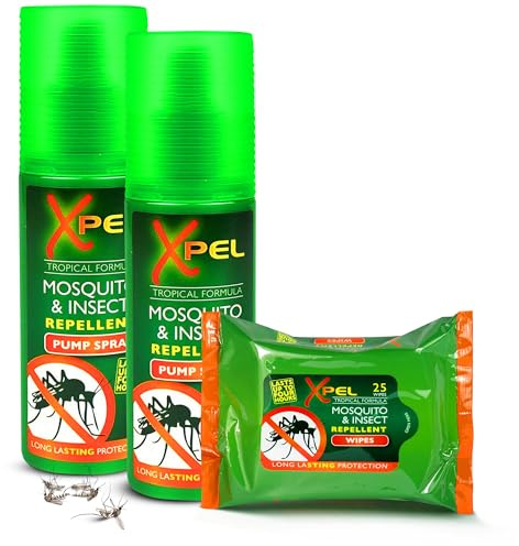 Mosquito, Insect & Bug Repellent Travel Bundle – 2 x Xpel Spray with DEET-Free Wipes – Long-Lasting Protection from Mosquitoes, Midges & Biting Insects – Ideal for Holidays, Camping & Outdoor Use