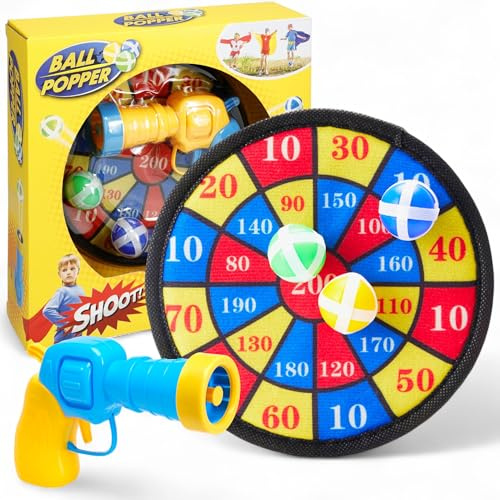 MIJOMA Ball Popper-set med kardborremåltavla – bollpistol + 3 mjuka bollar – inomhus och utomhus kastspel för barn – färg levereras slumpmässigt