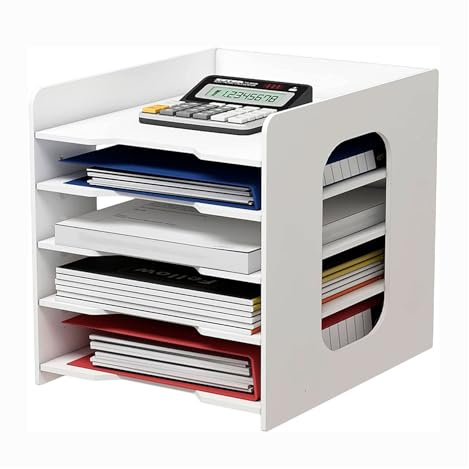 ESSOSWAY Schreibtisch Organizer - A4 Dokumentenablage - mit Ablagefächer und Stiftehalter - 5 Fächer - Büro Home Office Zubehör - Weiß