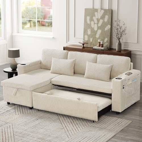 FammyLoft Corner Sofa Bed with Storage Chaise, L-Shaped Sleeper Sofabed, 3 in 1 Convertible Corduroy Sofa for Living Room/Bedroom/Office, Corner Couch with Armrest Storage and Charging Station, Beige