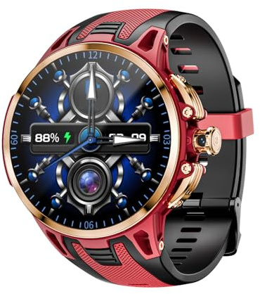 Lazmin112 Montre Connectée 4G, Écran Tactile 1,75 Pouces, Wi-FI, GPS, BT, Compatible avec Les Cartes Nano Sim, Montre De Sport, Tracker d'Activité Physique, Appareil Photo, 32GB (Rouge + Or)