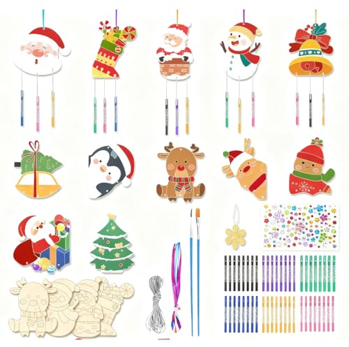 YUPZAR 12 Pièces de Clochettes éoliennes en Bois sur le Thème de Noël, Avec des Personnages tels que des Rennes et des Bonhommes de Neige, Kit de Bricolage Créatif