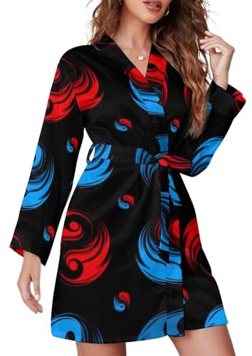 VAFZASC Women’s Long Sleeve Nightgown Tai Chi Yin Yang Red Blue, Lightweight Bathrobe Full Length with Belt Pajamas, Medium