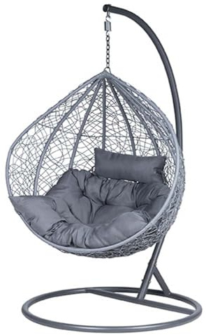 Poltrona Sospesa a Uovo in Rattan Sintetico e Metallo con Cuscino Imbottito Grigio Sedia a Dondolo da Giardino e Interno con Supporto Autoportante Altezza 195cm Diametro 103cm Relax Design
