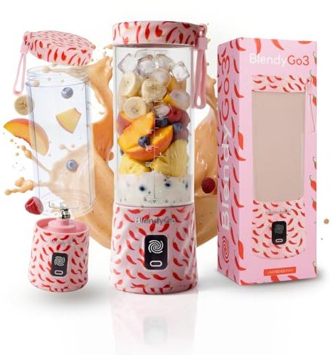 Frullatore portatile mini frullatore elettrico BlendyGo 3 usb ricaricabile tritatutto elettrico frullo piccolo blender smoothie maker trita ghiaccio e frutta congelata (Chilli Pepper)