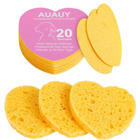 AUAUY Komprimerade ansiktssvampar, 20 st beige svamp för ansiktsrengöring | 100 % naturlig trämassa bomull | lätt att förvara | hjärtformad | för ansiktsrengöring, exfolierande mask, sminkborttagning
