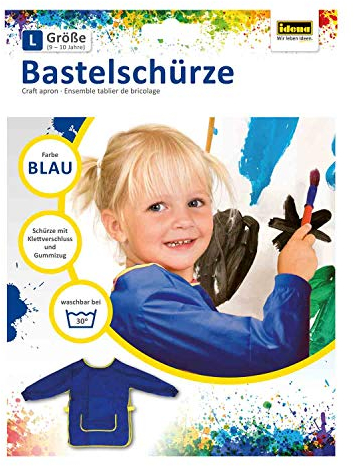 Idena 611187 - Bastelschürze für Kinder, Größe L von 9-10 Jahren, Malkittel in Blau mit langen Ärmeln, wasserabweisend, Kinderschürze mit Gummibund und Klettverschluss