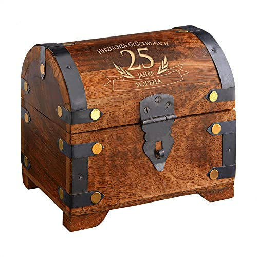 Casa Vivente Schatztruhe mit Gravur zum Geburtstag, Personalisiert mit Namen und Alter, Aufbewahrungsbox aus dunklem Holz, Verpackung für Geld und Gutscheine, Geschenkidee für Männer und Frauen