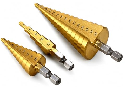 ACENIX® 3PCS Professional HSS Step Drill Bit Set Titanium Coated High-Speed Steel Sizes 4-12mm, 4-20mm, 4-32mm, Ideal for Wood Stainless Steel & Thin Metal Includes Free Cleaning Cloth