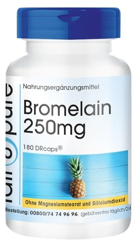 Fair & Pure Bromelain 250 mg Tagesdosis, 180 DRcaps, schluckfreundlich, 600 F.I.P. pro Kapsel, mit L-Leucin, Nahrungsergänzungsmittel ohne Magnesiumstearat, in Deutschland hergestellt