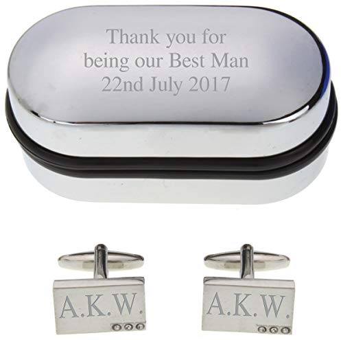 Personalised Engraved 3 Clear Crystal Inset Detail Cufflinks with Chrome Case - Gifts for Men Wedding Anniversary Husband Bridegroom