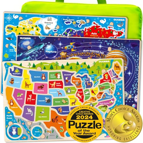 QUOKKA Puzzles for Kids Ages 4-6 - 3 Set Toddler Kids Puzzles Ages 3-5 - Learning United States Games for Childrens 6-8 - Educational Toys for 3 Year Old Boys and Girls - Award Winning