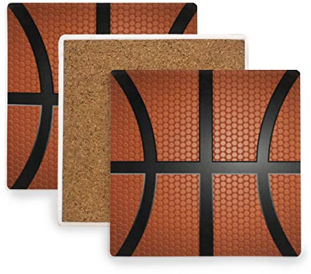 Fantazio - Posavasos con textura, para copas de vino o té, diseño de balón de baloncesto, madera, 1, 4 pieces set