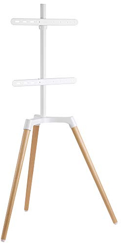 EasyLife - Design STAFFELEI Tripod TV-Stativ - Halterung bis 65'' Zoll & 35 kg Fernseher/Monitor - 140° Schwenkbar - Höhenverstellbar + Kabelmanagement - VESA bis 400x400 (Weiß/Buche hell)
