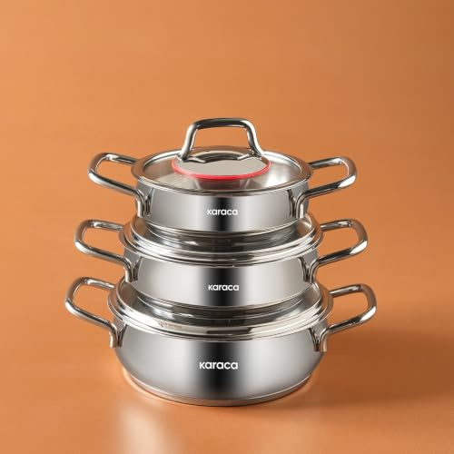 Karaca Emirgan 6-Piece Sahan Steel Pot Set, Cookware Set, Stainless Steel, Suitable for Induction Cookers, with Glass Lid and Stainless Steel Pot Set, Stahl
