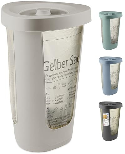 Rotho Fabu Soporte para bolsas de basura Bolsa amarilla con tapa, Plástico (PP reciclado), capuchino, (40.0 x 40.0 x 62.1 cm)