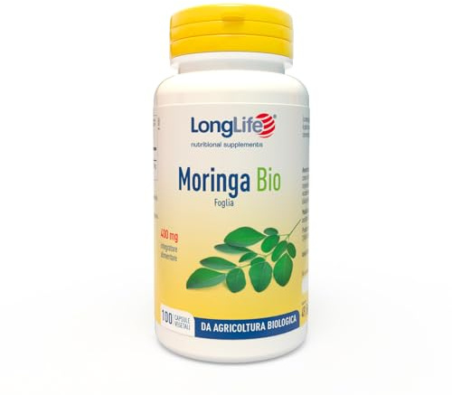 LongLife® Moringa Bio | Moringa oleifera ricca di nutrienti | Foglie ad alto contenuto di vitamine, minerali e antiossidanti | Benessere quotidiano | 100 capsule vegetali | Vegano e senza glutine