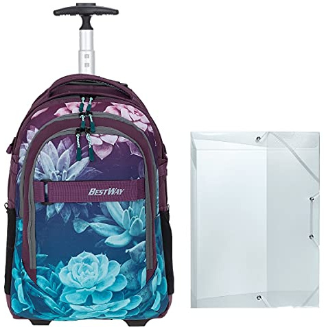 Bestway Schultrolley Mädchen Jungen Trolley Schulrucksack 2 Teile Set Packer Evo + Heftmappe A4 (Dark Flower (Lila/Türkis) 5821)