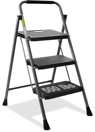 3 Step Ladder, GOLYTON Folding Step Stool with Anti-Slip Wide Pedal & Convenient Handgrip, 500lbs Capacity Steel Ladder for Household and Office, Grey