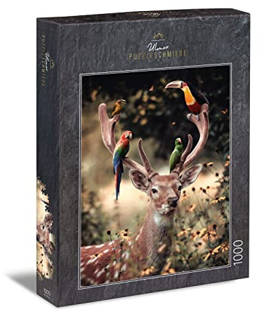 Ulmer Puzzleschmiede - Puzzle Ausflug ins Grüne - Fantasievolles 1000-Teile Puzzle – Hirsch mit Tukan und Papageien auf dem Geweih als magisch-heiteres Vogel-Motiv - Made in Germany