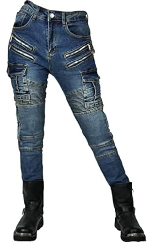 SHUOJIA Motorrad-Jeanshose Für Damen, Sturzfeste Jeans Mit Geradem Bein Und 4 Arten Von Schutzausrüstung, Motorradhose Für Motorradrennfahrer (Blue,XS)