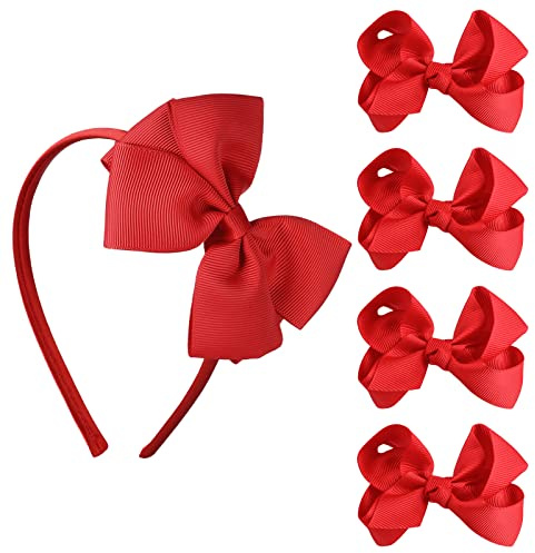 Sibba Rote Schleife Stirnband Clip Haarspangen 5 Teiliges Set Haarschmuck Kostüm Große Haarbänder Kinder Mädchen Kopfschmuck Make-up für Cosplay Party Cheer