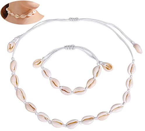 Vulevirtue 2 Stück NatüRliche Muschelkette und Armband Set, Handgemachte Hawaii Muschel-Choker-Schmuck Set für Mädchen Lady (Weiß)