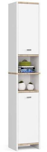 AKORD Bad-Hochschrank BETI 32 cm mit 2 Türen | Badsockel Praktisches Regal | Badezimmersäule Schränke | Ideal für kleine Bäder | B32 x H180 x T28 cm | Gewicht 24,70 kg | Weiß/Weiß