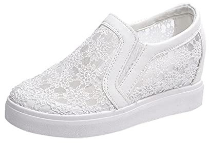 Sneakers dam med kilklack – ventilerande skuren spets nättygskor – kvinnor sommar utomhus löparskor – slip-on promenadskor – glitter casual loafers joggingskor, Vit, 39 EU