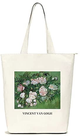 Lidxfeo Canvas Tote Bag mit Reißverschluss, Faltbar Einkaufstasche Große, Baumwolle Stofftasche Aesthetic Damen, Jutebeutel Bedruckt mit Innentaschen, für Arbeit, Einkaufen, Schule und Alltag