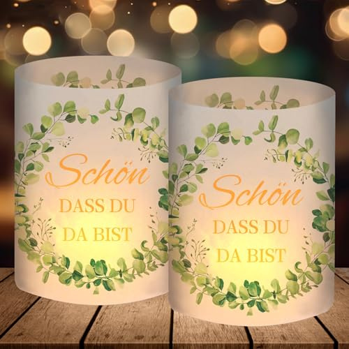 12 Windlicht Tischdeko Geburtstag, Hochzeit, Taufe, Kommunion, Konfirmation, Jugendweihe Mädchen Junge, Schön DASS du da bist, Eukalyptus Grün Deko Party für Frau Mann, Geburtstagsdeko Tisch Deko