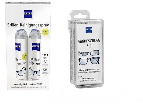 ZEISS Set aus 1x Brillen-Reinigungs-Spray alkoholfrei Doppelpack 2x 120ml und 1x ZEISS AntiBeschlag-Spray mit 15ml Inhalt, ideal für unterwegs oder auf Reisen