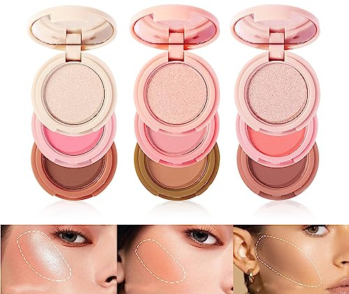 Paleta de Colorete 3 en 1 - Polvo de Rubor Facial Con Brillo Brillante, Polvos Compactos de Maquillaje, Iluminador de 3 Colores - Kit de Colorete e Iluminador, 3 Piezas