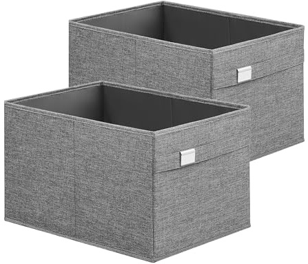 SONGMICS Storage Organisers, Set of 2 Wardrobe Storage Baskets, 40 x 30 x 25 cm, 2 Handles, Foldable, Oxford Fabric and Linen-Look Fabric, Washable, Metal Label Holders, Dove Grey ROB240G02