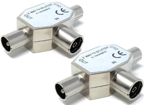 DRUT 2pcs. TV Antenna Adapter Distributor Splitter, 1 Female Socket in 2 Male Out, IEC Coax Cable, Aerial Digital Antenna Adaptor Silver
