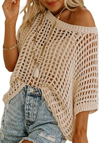 Dokotoo Womens Casual Spring Summer Crochet Hollow Out Sweaters Top 2026 Off Shoulder Pullover Shirt Short Sleeve Lightweight Knit Tops Beach Cover Ups for Women Apricot Medium