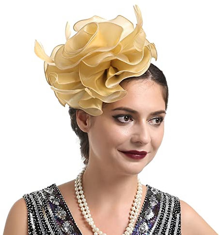 Lazzboy Hut Damen Elegant Fascinator Schwarz Kopfschmuck 20er Jahre Blume Haar Feder Clip Haarklammer Schleier Cocktail Tea Party Kopfbedeckung Stirnband Haarnadel Hochzeit (Gold)