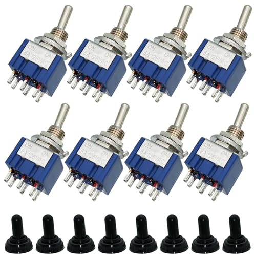 Toggle Switch, Dujelixa 8 Pcs Self-locking Miniature Switch Electronics 6 Pins 2 Position, MTS-202 Momentary ON-ON 6mm Panel Cut Out, Car Van Switch DPDT with M6 Waterproof Cap AC 250V/3A(125V 6A)
